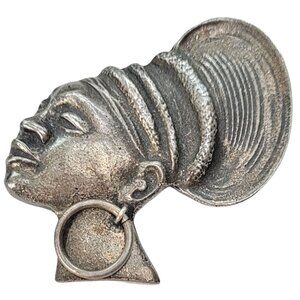 Silvertone African Lady Headdress Brooch, Pendant Unsigned